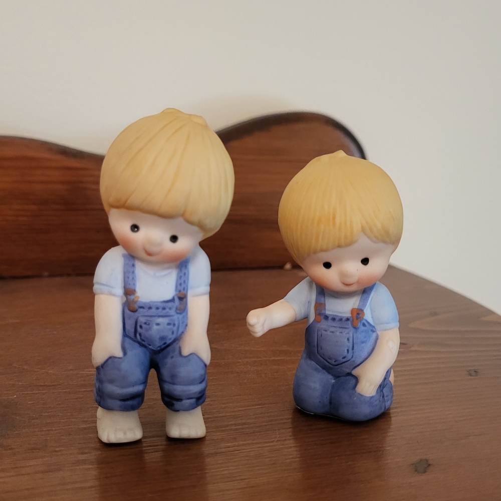 Vintage Enesco Country Cousins Boy Figurines. Dated 1980 And 1982.